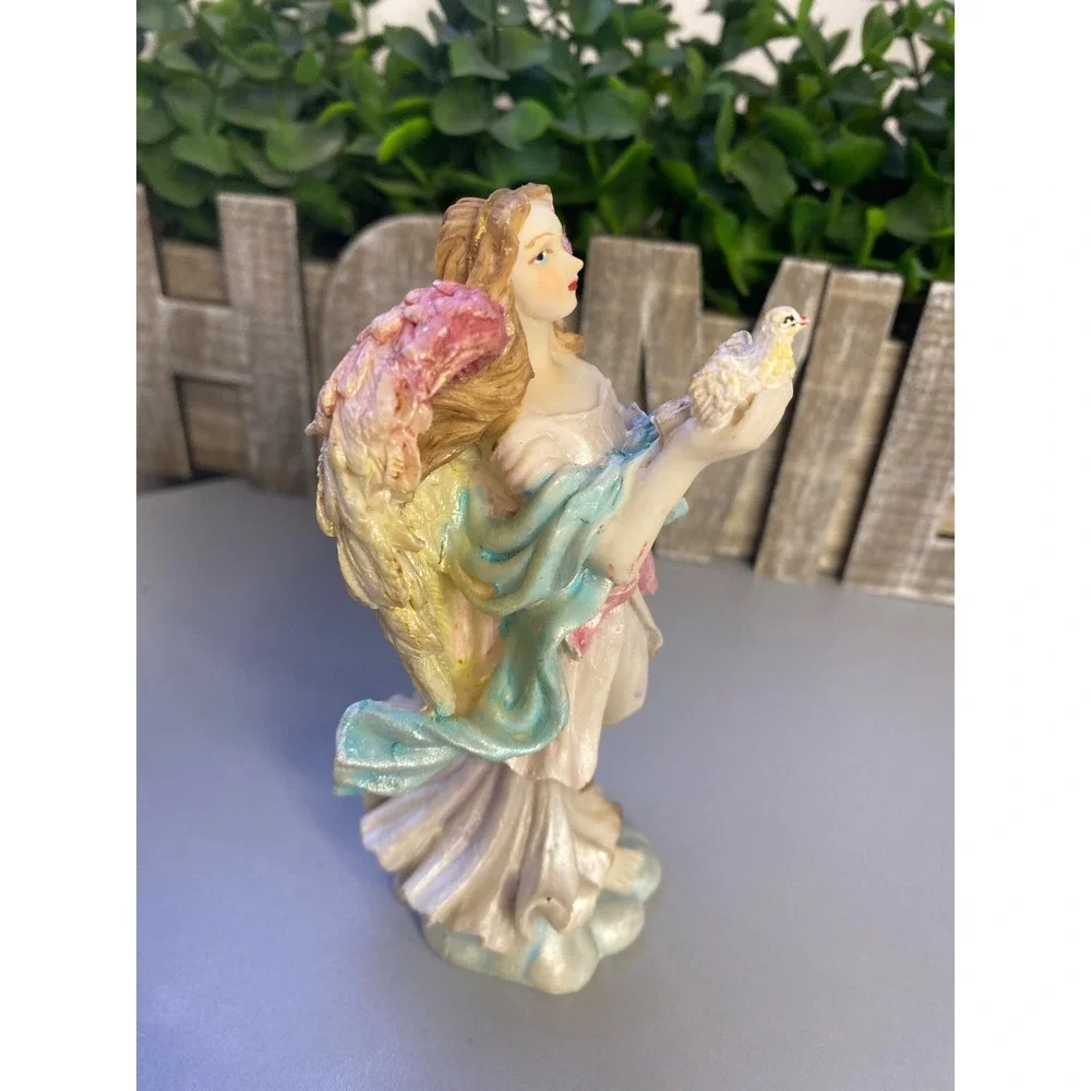 Angel Figurine‎ Holding Dove White Blue Pink Wings Statue